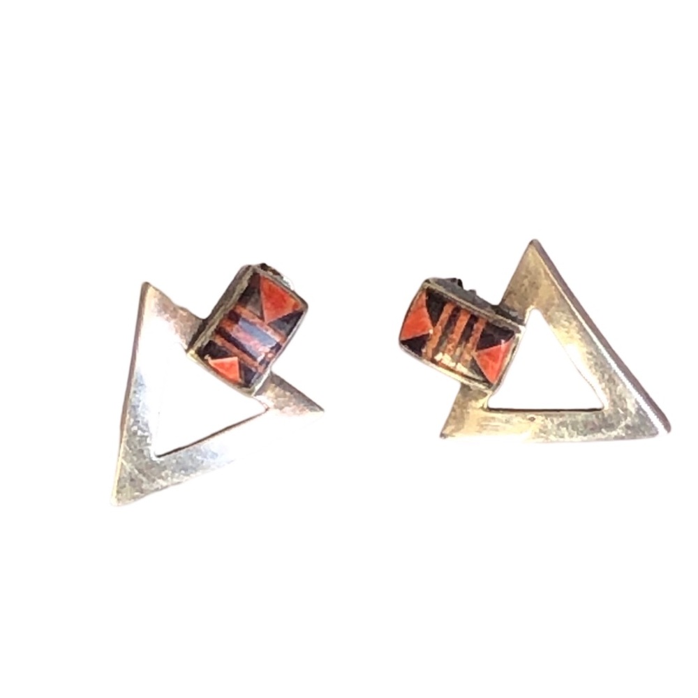 Native sterling with orange and black inlay arrow triangle post earrings
